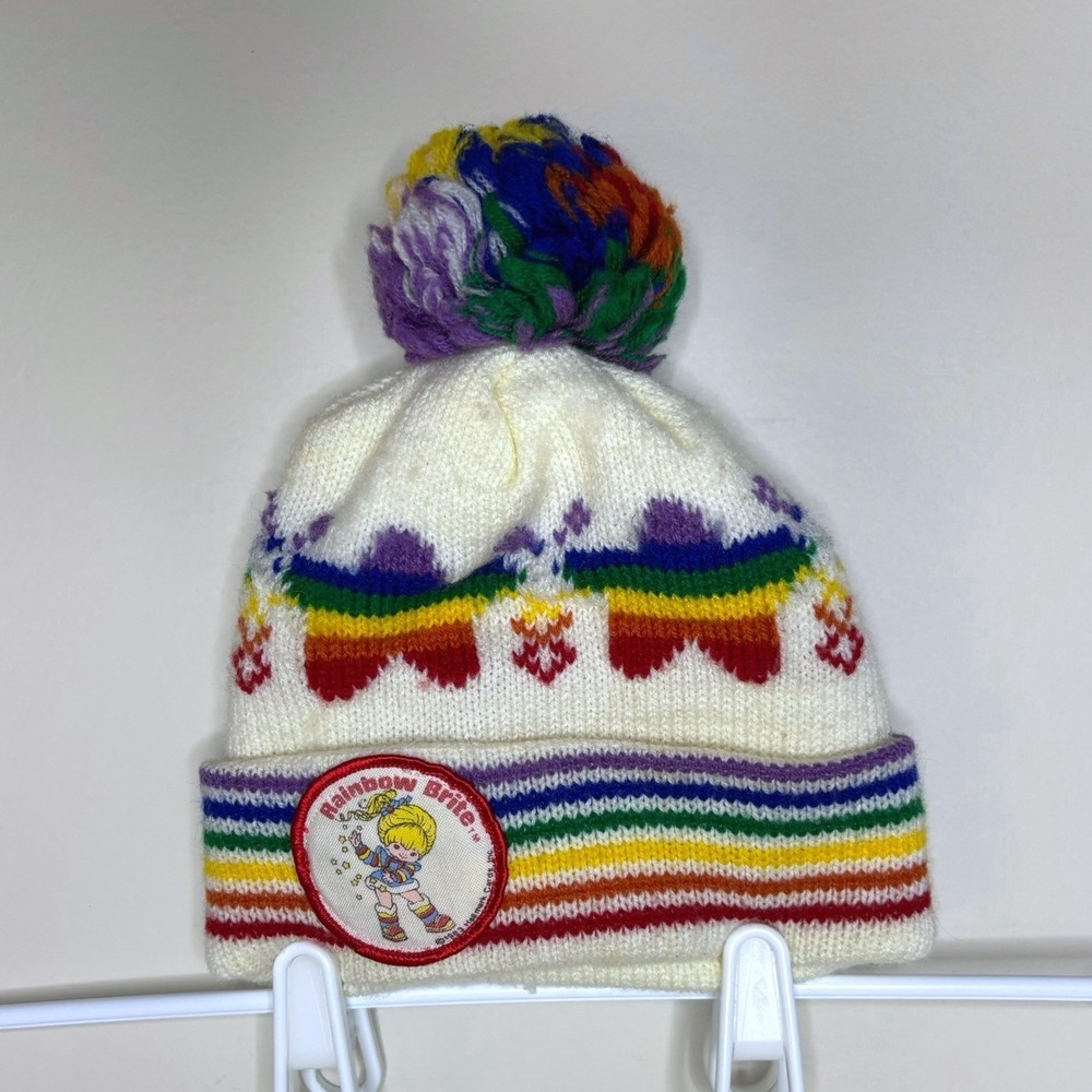 Vintage 1983 Rainbow Brite Knit Beanie Hat Pom Pom Multi Color Retro Kids 80s‎